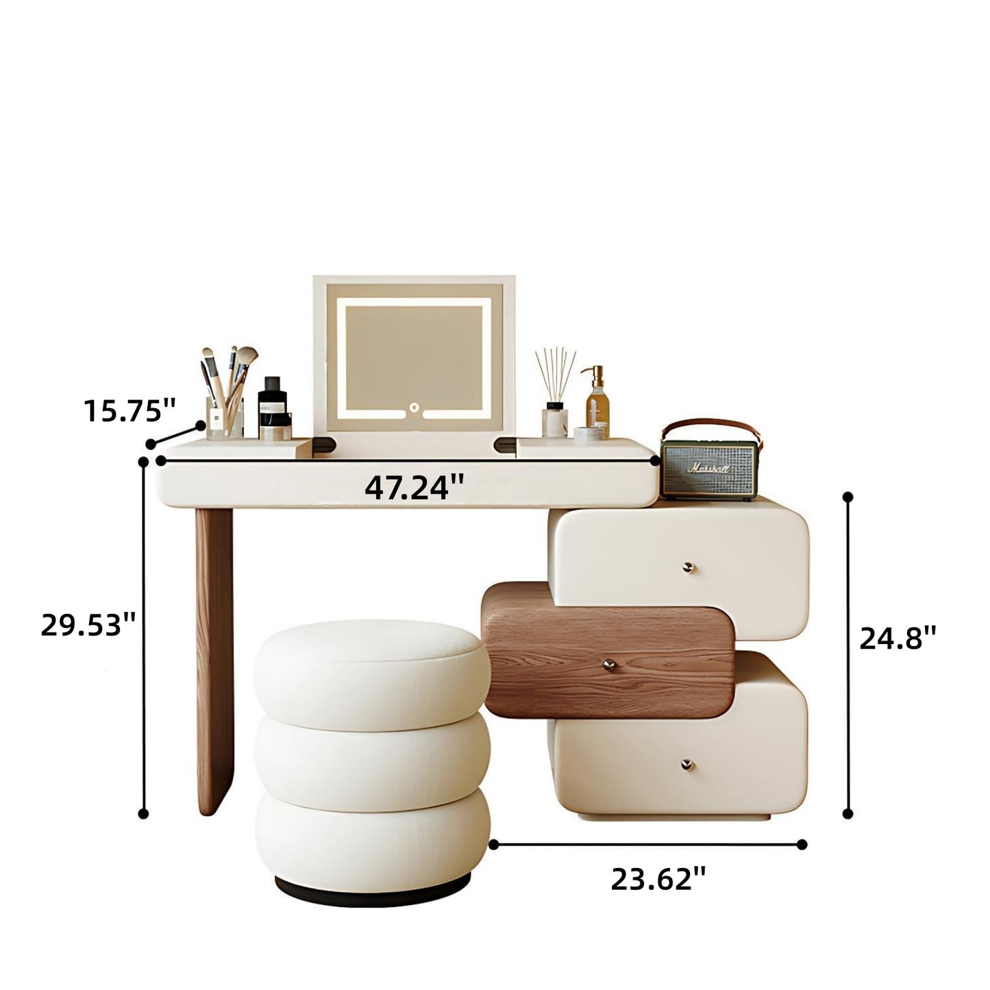 32''-47''Vanity Set with Flip up Smart Mirror and Stool,Mid Century Makeup Vanity,Walnut