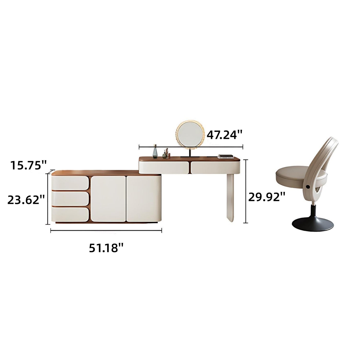 32''-47'' Mid Century Makeup Vanity with Walnut Veneer Top & Smart LED Mirror and Stool