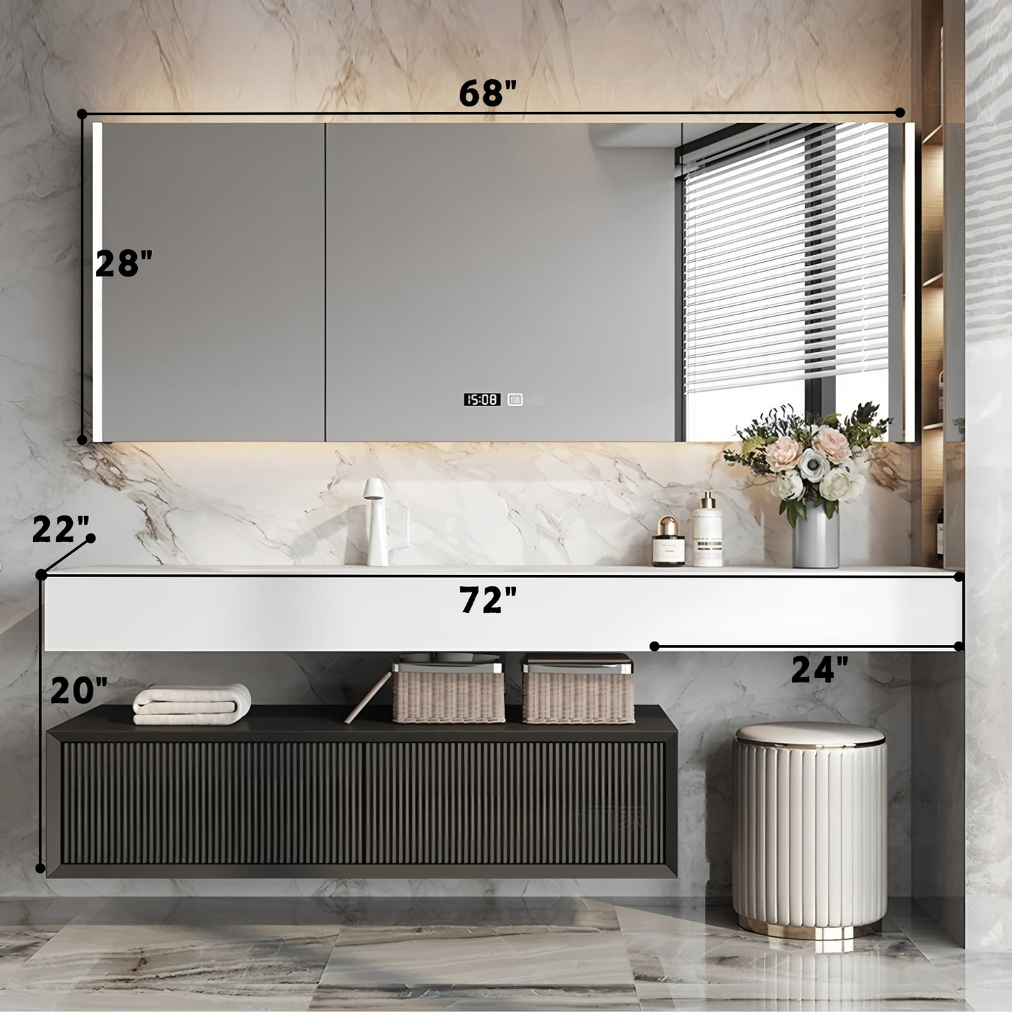 52''-80'' Floating Bathroom Vanity with Sink and LED Smart Defogging Cabinet & Drawer
