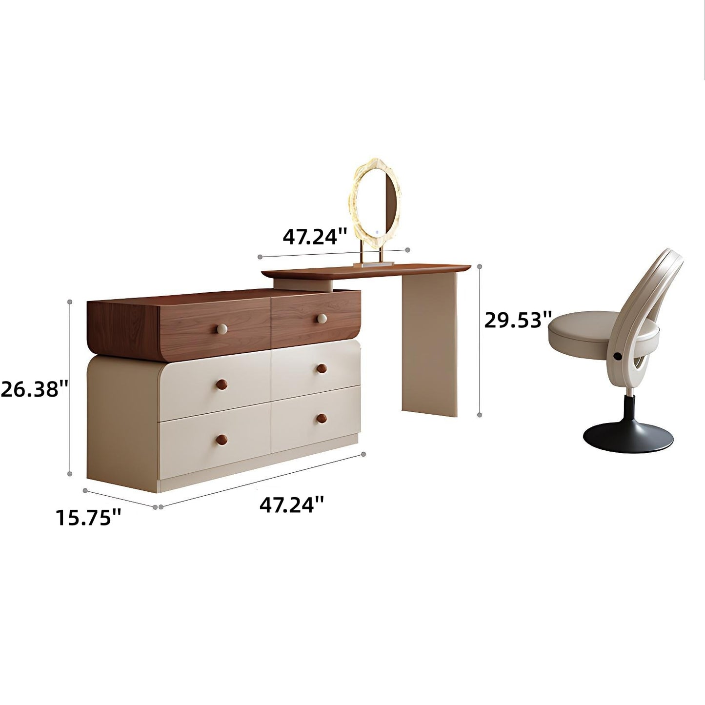 47'' Vanity Set with Walnut Veneer Top and Stool & Smart LED Lights Mirror for Bedroom