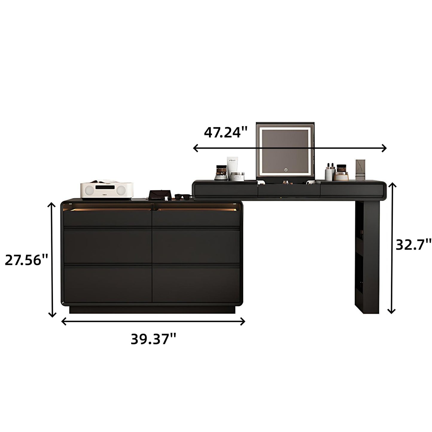 47''Vanity Set with Flip up Smart Mirror and Tempered Glass Top & LED Ambient Light,Stool