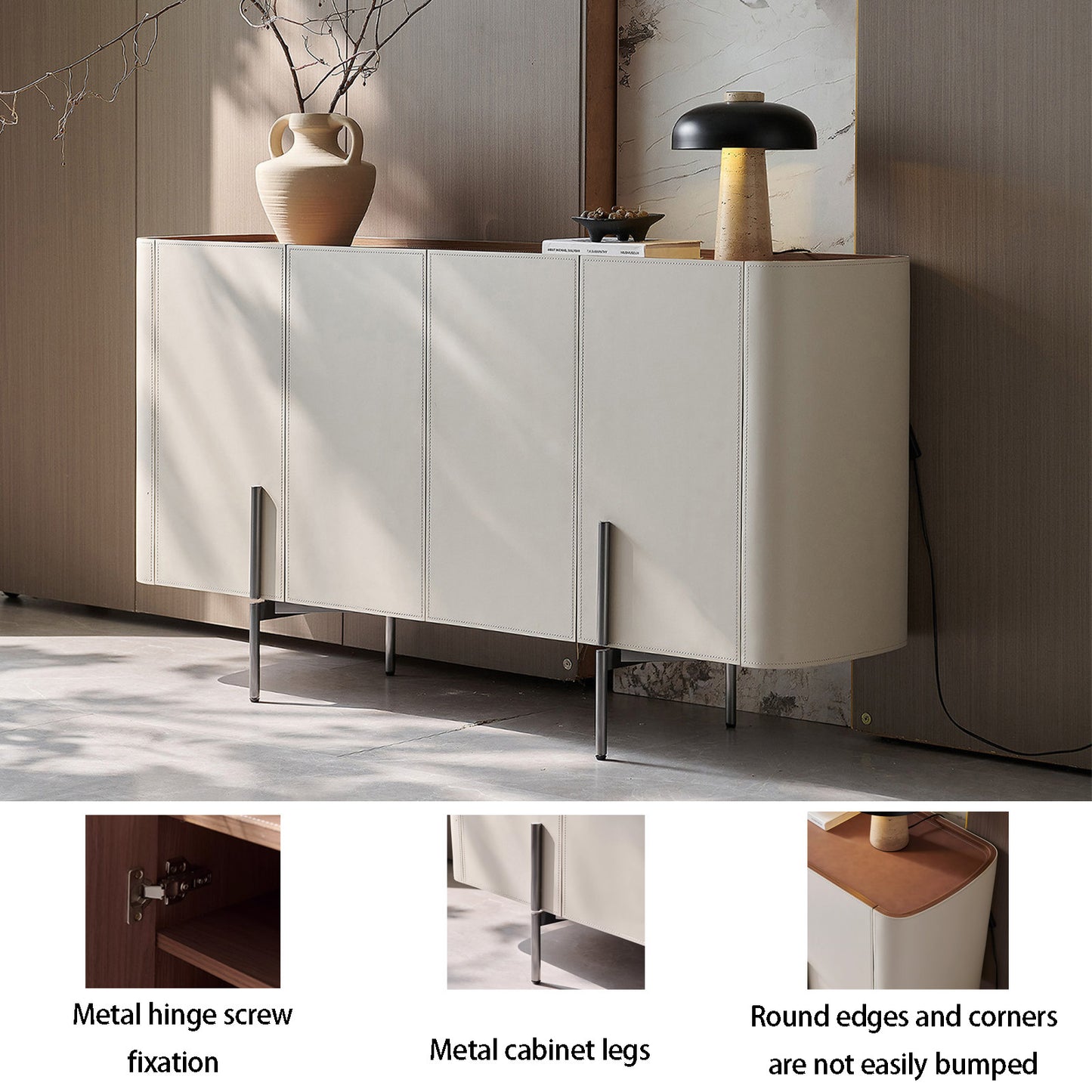 63''-71'' Leather Sideboard Buffet Cabinet with Storage,Solid Wood,Metal Legs