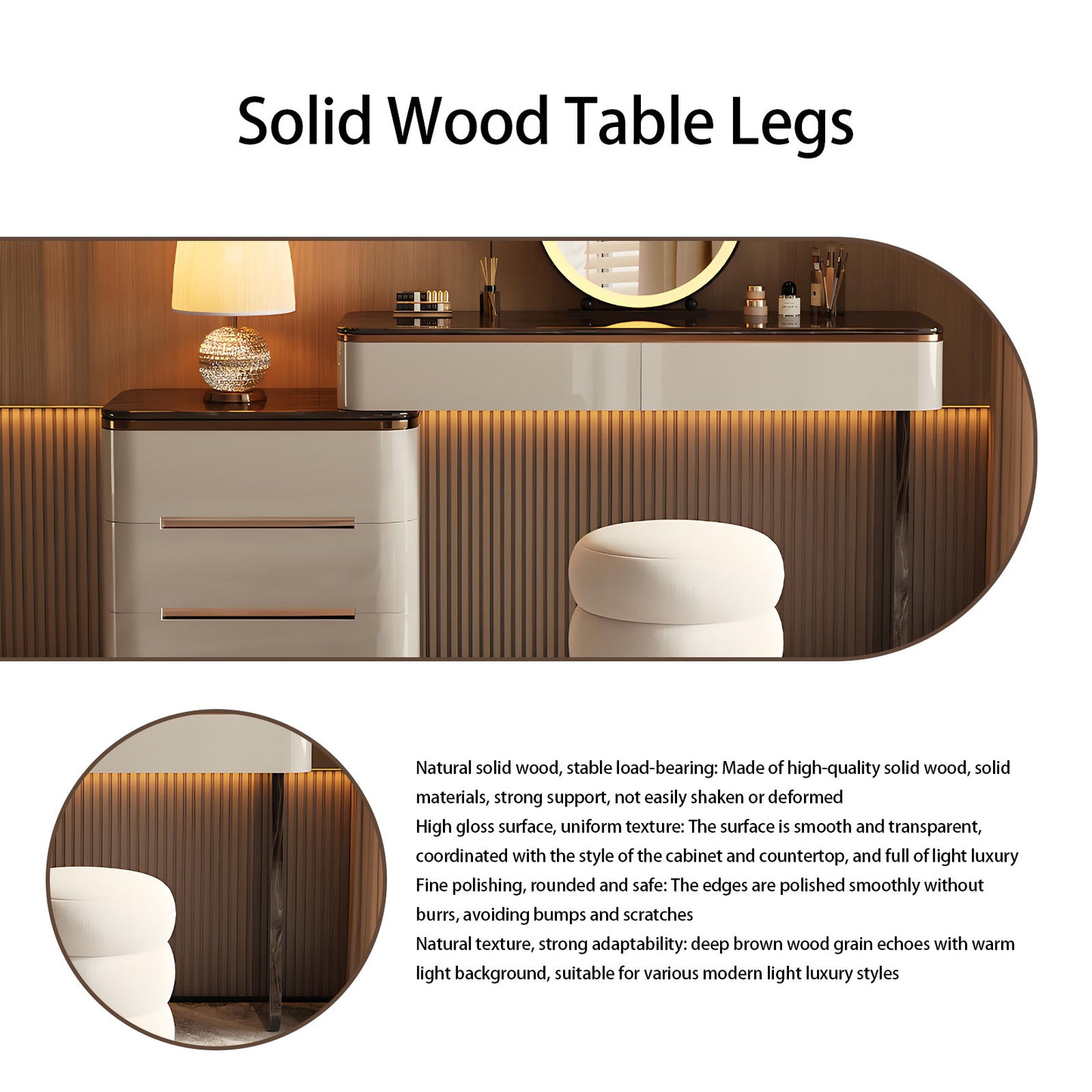 39''-47'' Vanity Desk with Tree Grain Veneer Top and Stool,LED Light Mirror,Baking Paint