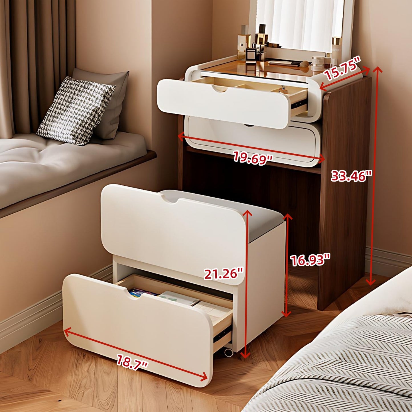 19.7'' Makeup Vanity with Flip up Mirror and Storage Stool,Glass Top & Leather Finish