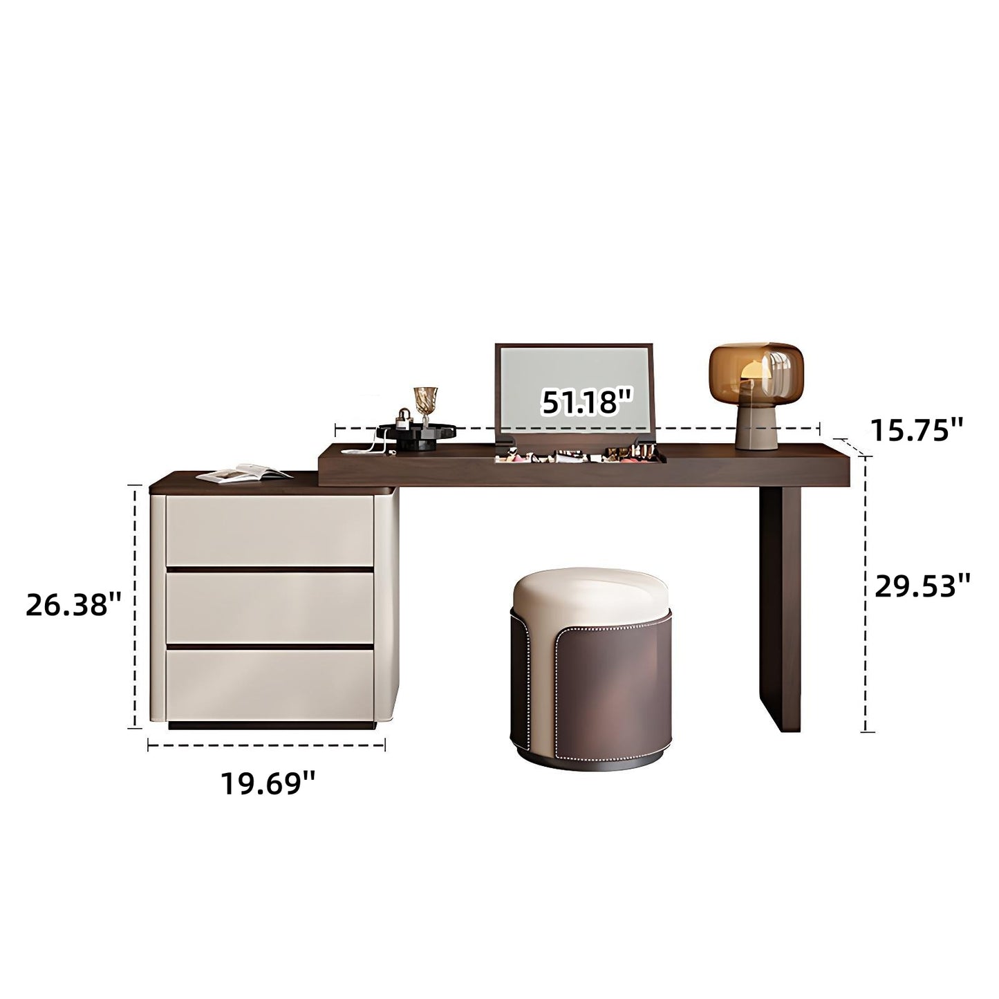51''Mid Century Makeup Vanity with Flip up Mirror and Stool,Walnut Veneer,Leather Finish