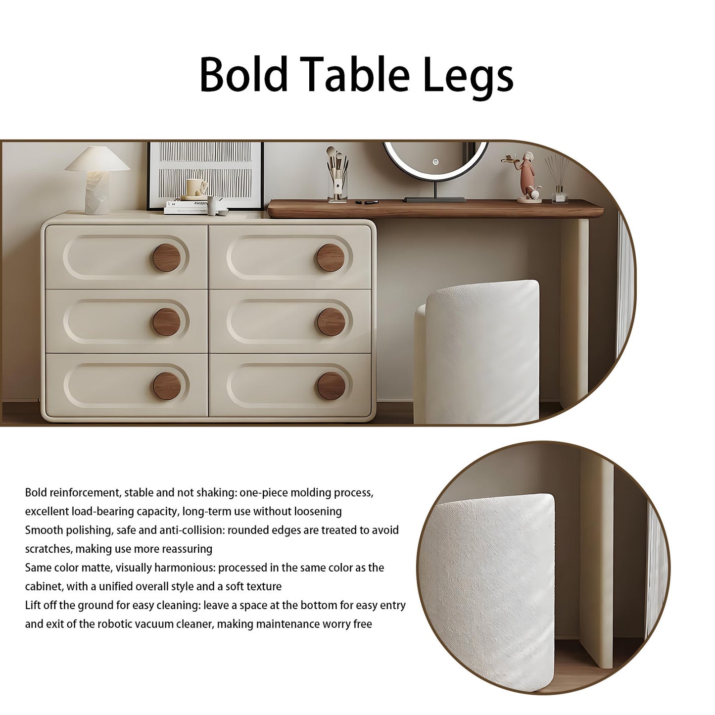 47'' Mid Century Vanity Desk with Smart LED Lights Mirror and Stool, Walnut Veneer
