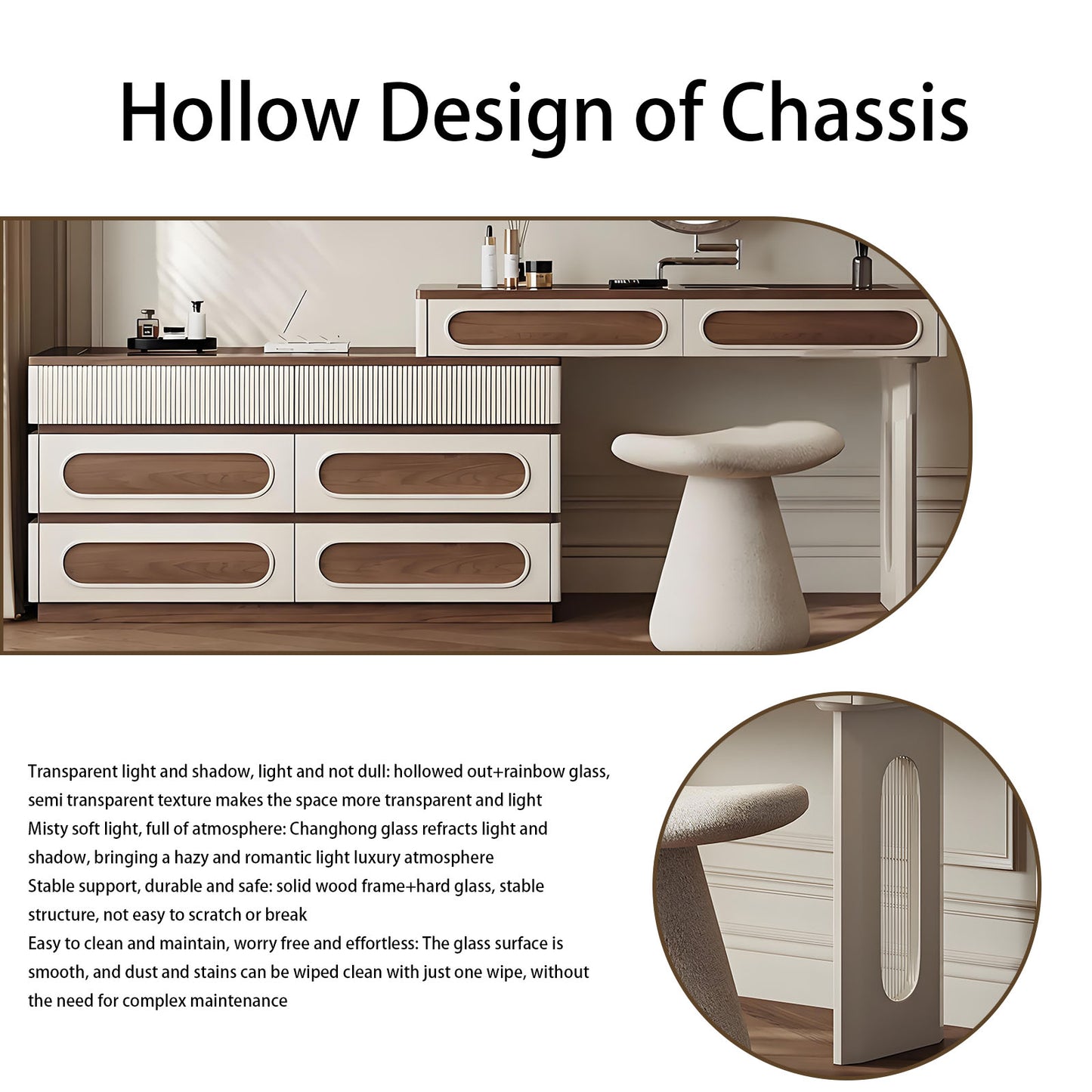 39''-47'' Vanity Set with Tempered Glass Top and LED Ambient Light & Mirror,Stool