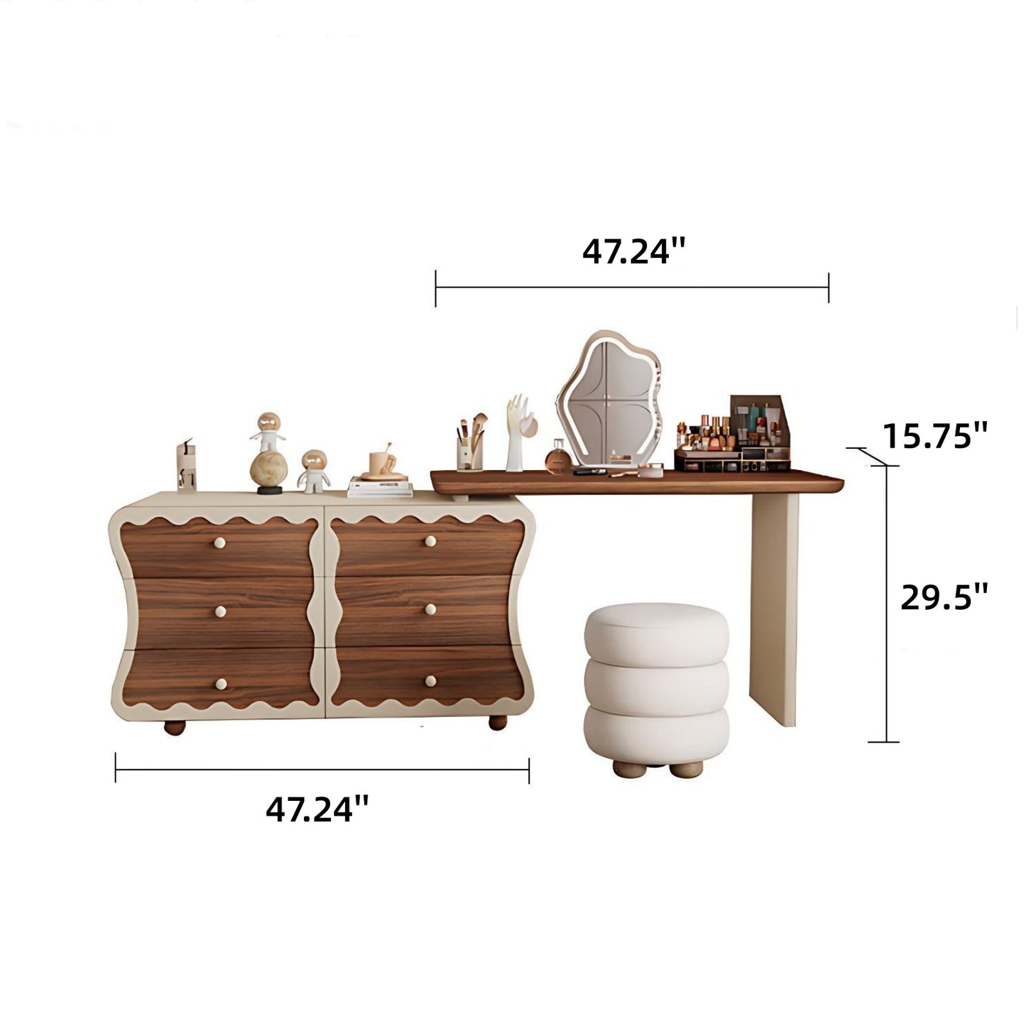 47''Mid Century Makeup Vanity with Smart Light Mirror and Stool,Walnut Veneer,Wavy Design