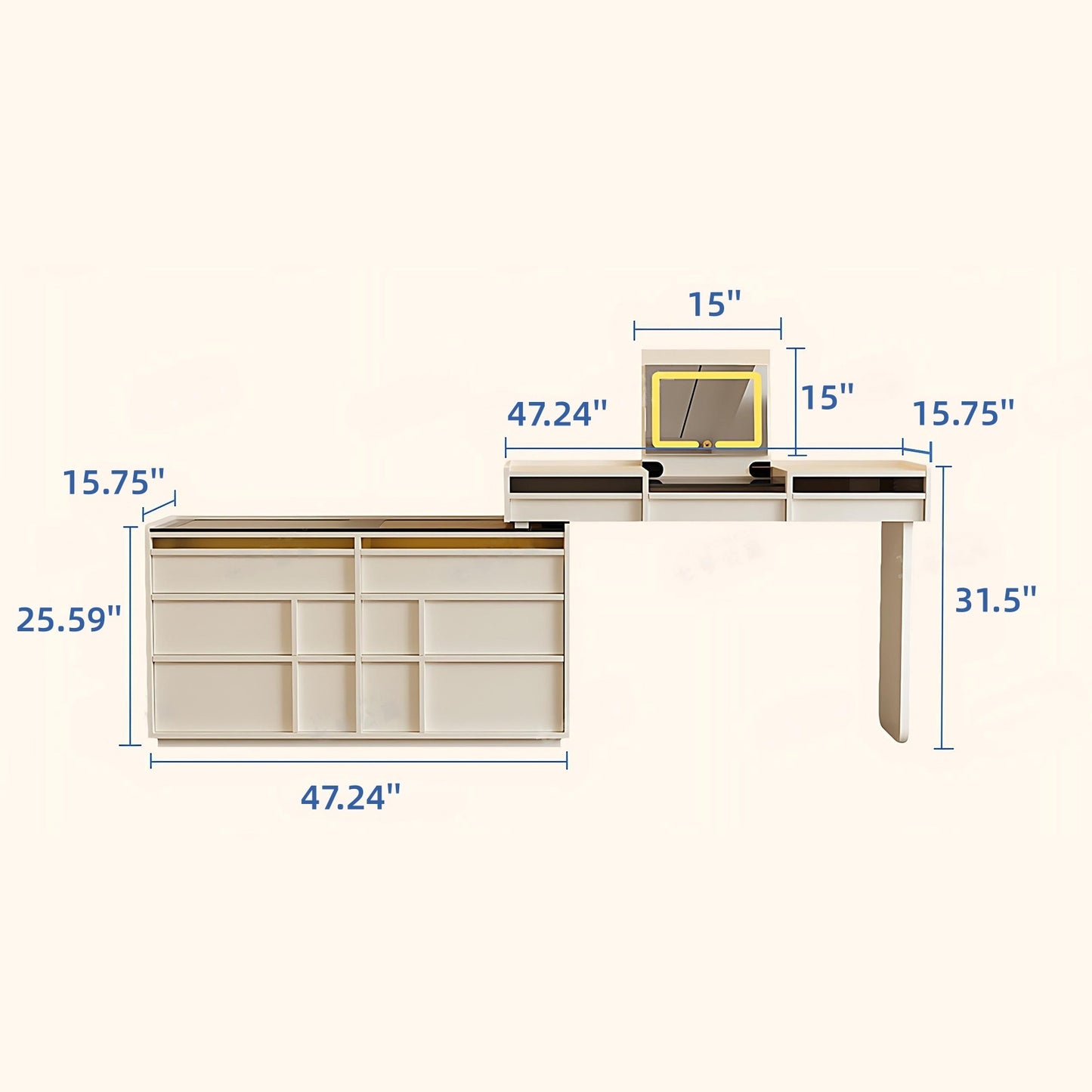 47''Makeup Vanity with Flip Smart Mirror and Stool,Tempered Glass Top & LED Ambient Light