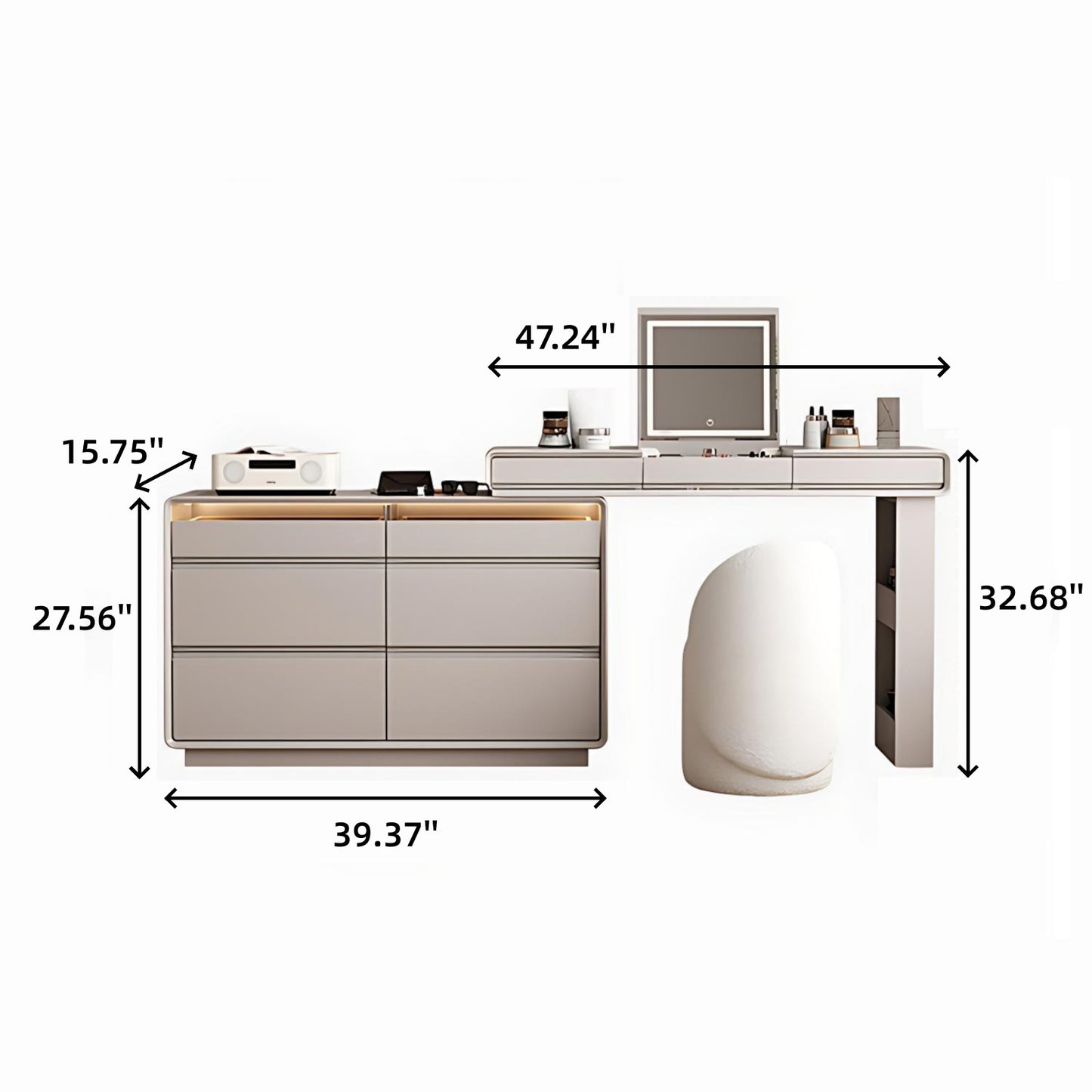 47''Vanity Set with Tempered Glass Top and LED Ambient Light,Flip up Smart Mirror & Stool