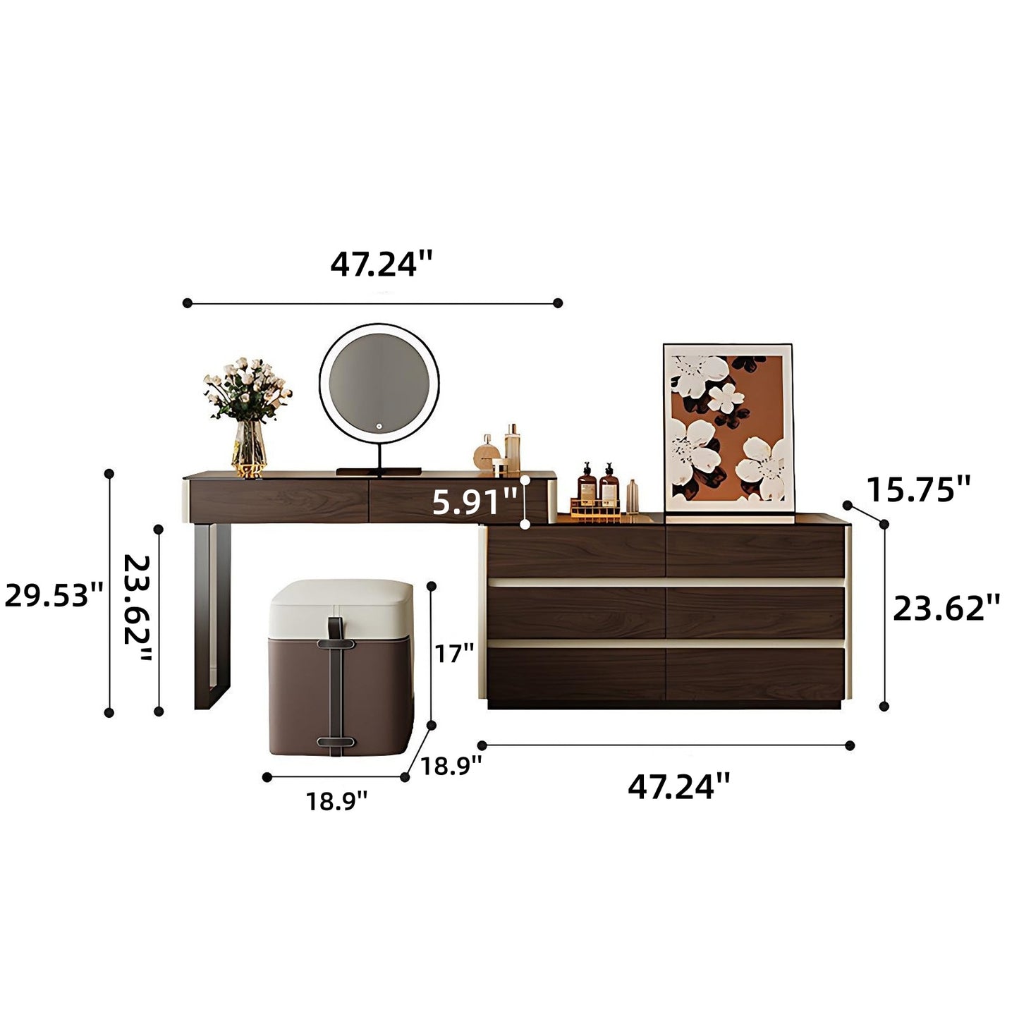 47'' Makeup Vanity with Tempered Glass Top and LED Ambient Lights,Mirror & Stool,Leather
