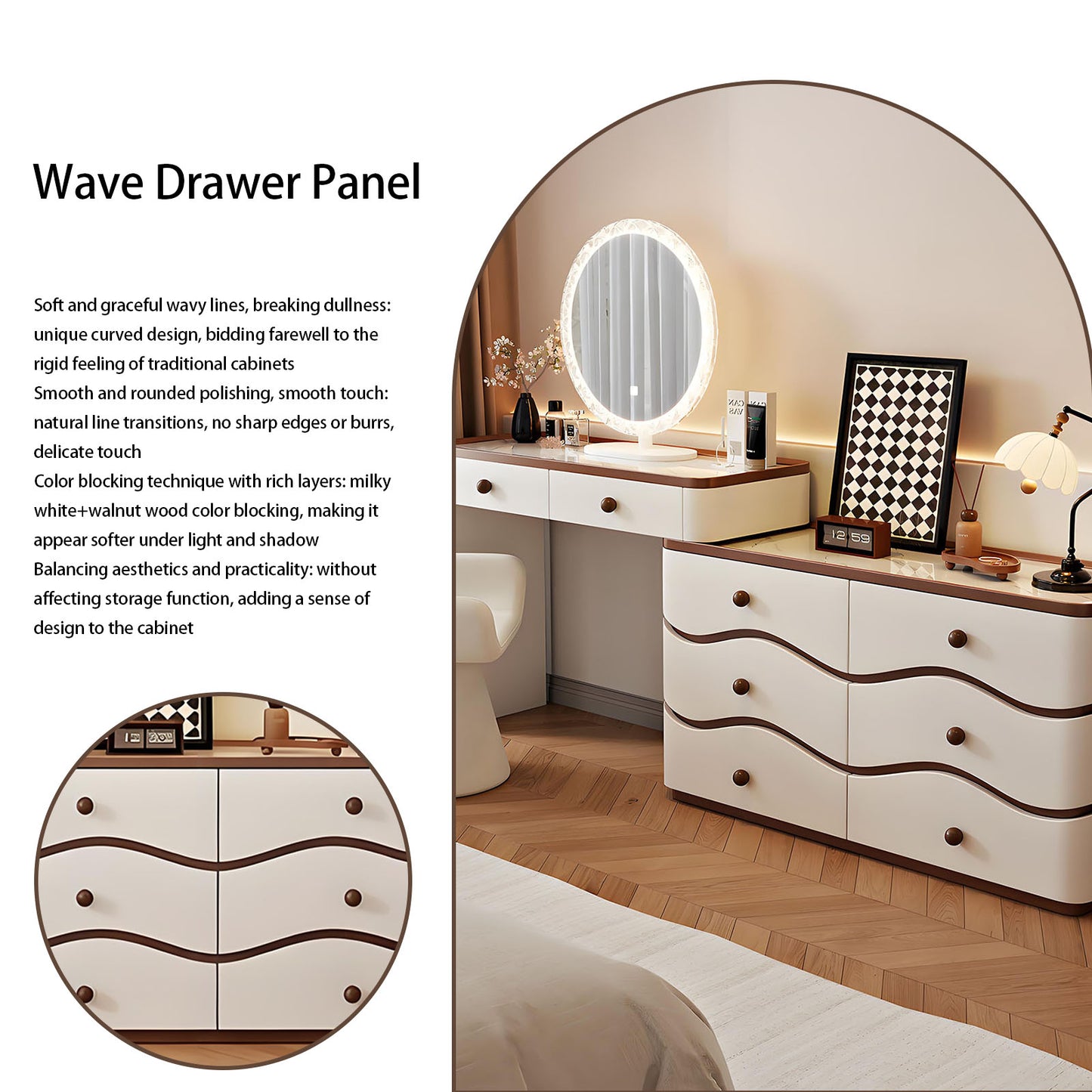 32''-47''Makeup Vanity with Wavy Design and Rock Slab Top,Smart LED Light Mirror & Stool