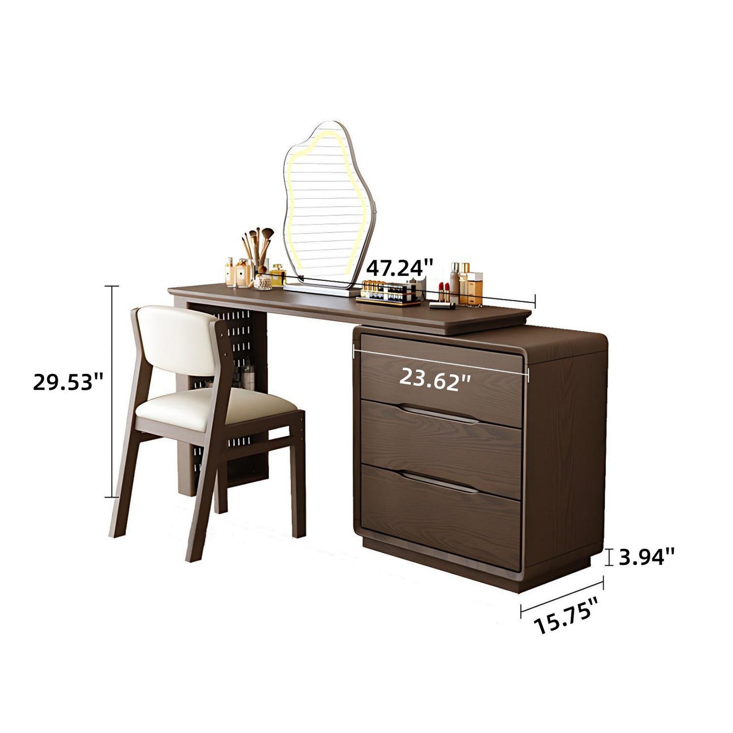 47''Vanity Set with Stool and Smart LED Light Mirror,Walnut Veneer & Storage Table Leg