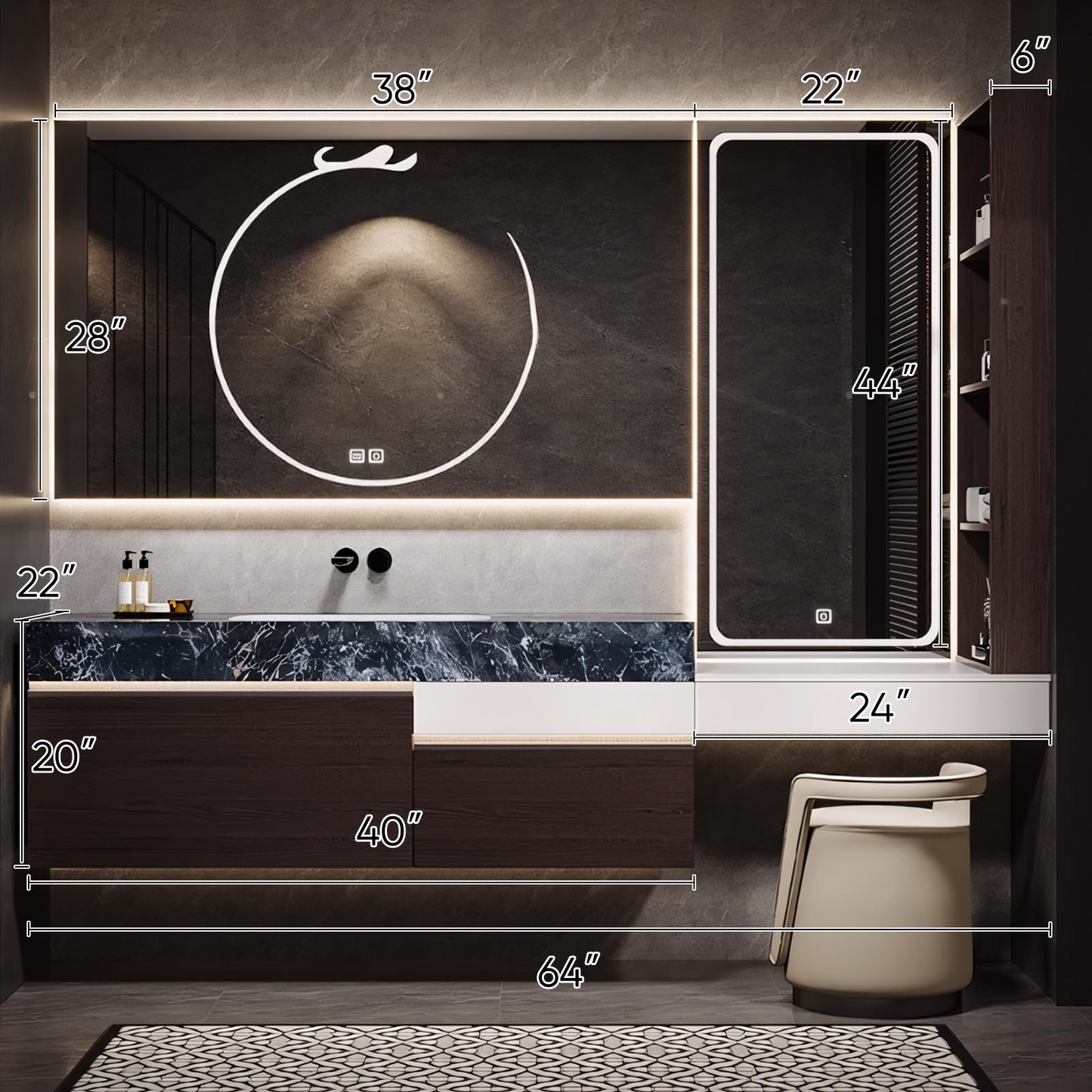 52''-80'' Floating Bathroom Vanity with LED Smart Mirror Cabinet & Multi-Function Shelf