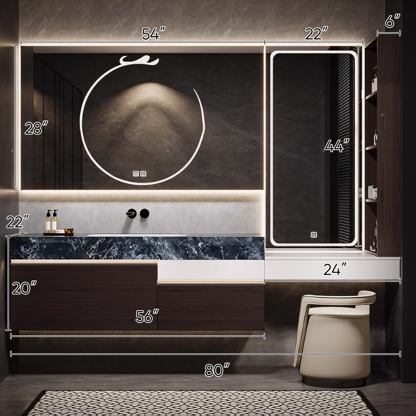 52''-80'' Floating Bathroom Vanity with LED Smart Mirror Cabinet & Multi-Function Shelf